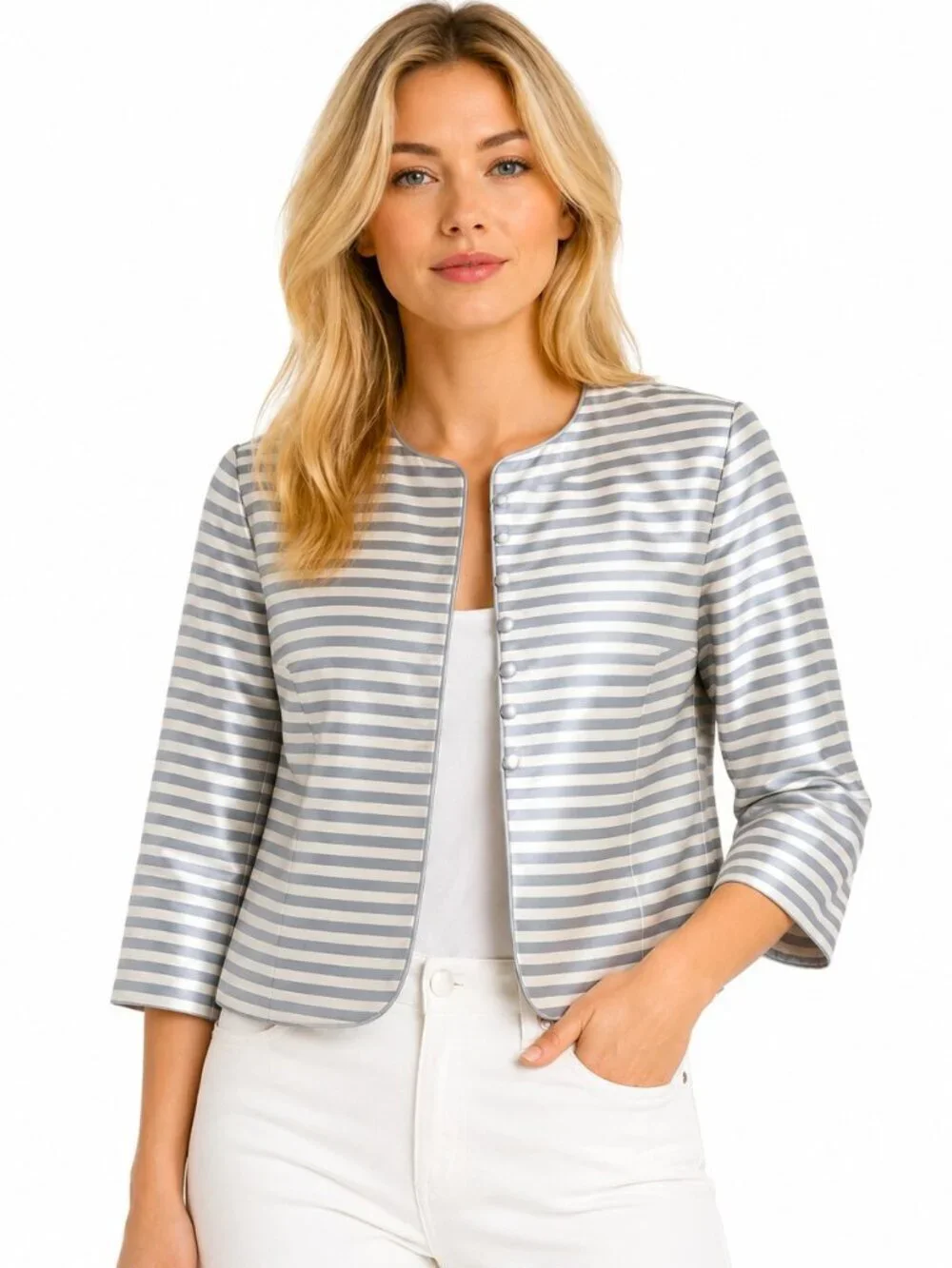 Kasper Dusty Blue Stripe Silk Dupioni Jacket